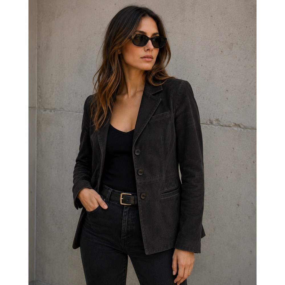 Bebe Black Genuine Leather Blazer Tailored Jacket Moto Chic Size M